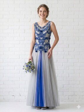 Formal Prom Maxi Dress S/M Embroidered Grey & Blue Indian Style Anarkali Gown